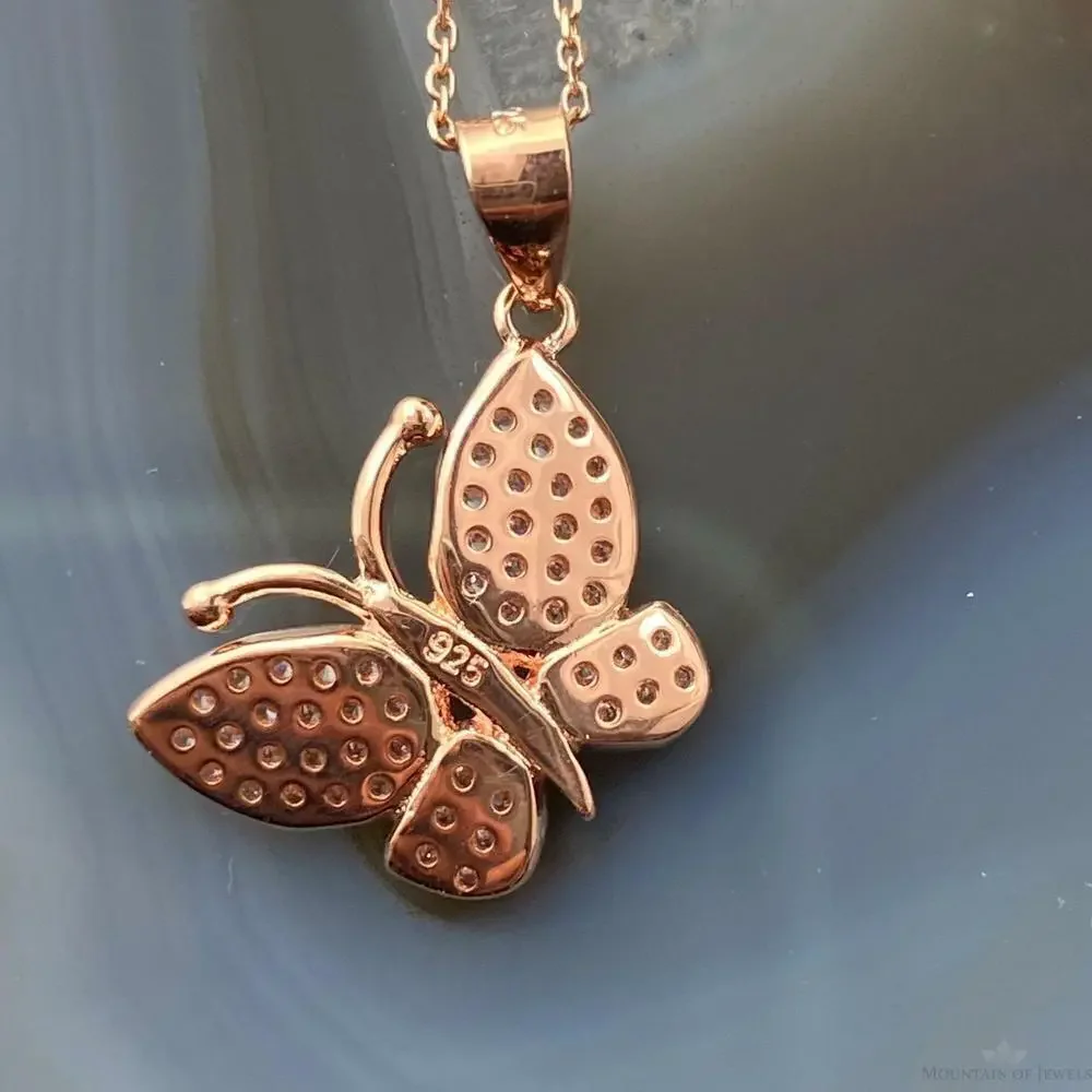 Sterling Silver Rose Coated with Cubic Zirconia Butterfly Pendant with Chain